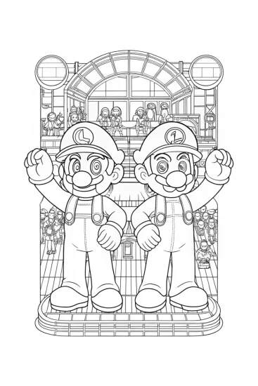 A coloring page of Mario and Luigi at Comic Con