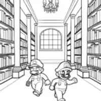 Mario and Luigi racing in a library