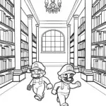 Mario and Luigi racing in a library