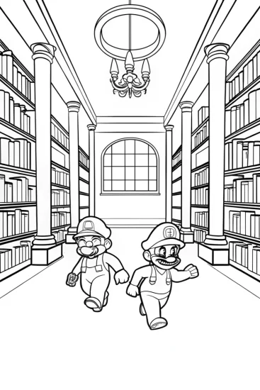 A coloring page of Mario and Luigi racing in a library