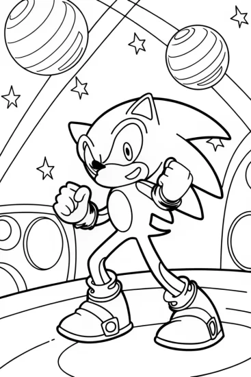 A coloring page of Sonic dancing in a cosmic arena