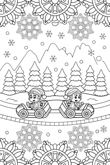 A coloring page of Mario and Luigi racing in winter