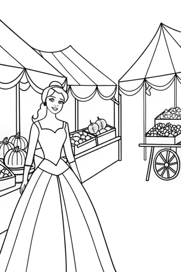 A coloring page of Princess at the enchanted market