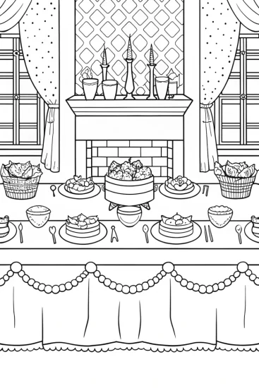 A coloring page of Thanksgiving tea party scene