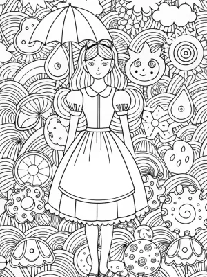 Alice with whimsical weather creatures coloring pages