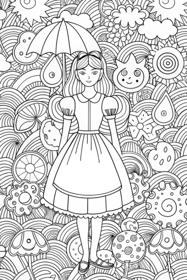 A coloring page of Alice with whimsical weather creatures