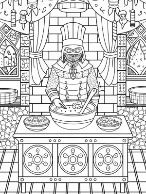 Ninja chef in a magical kitchen coloring pages