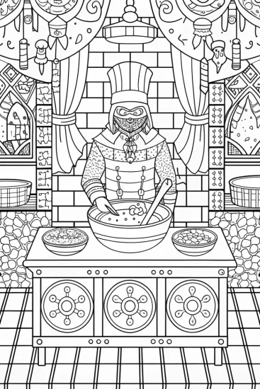 A coloring page of Ninja chef in a magical kitchen