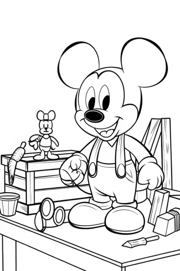 A coloring page of Mickey Mouse toy workshop