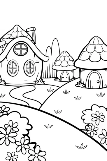 A coloring page of Gnome village in springtime