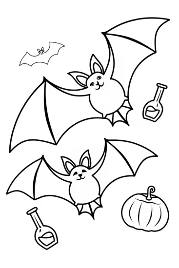 A coloring page of Bats delivering Halloween potions
