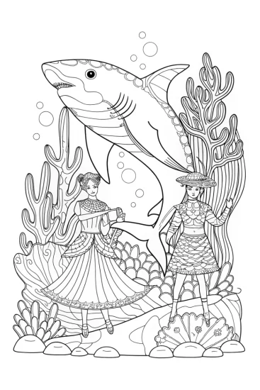 A coloring page of Shark underwater fashion show