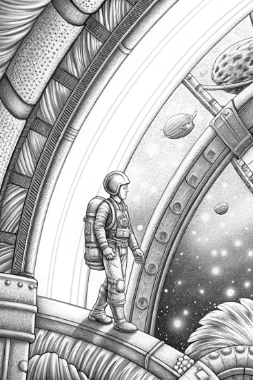 A coloring page of Turkey adventurer on a space bridge