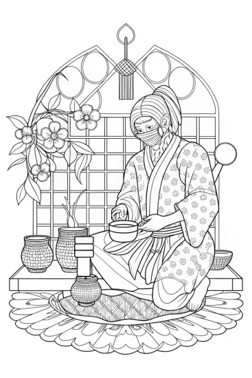 A coloring page of Ninja performing a tea ceremony