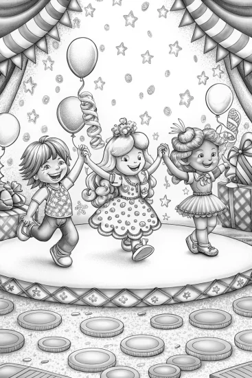 A coloring page of Strawberry Shortcake dance party