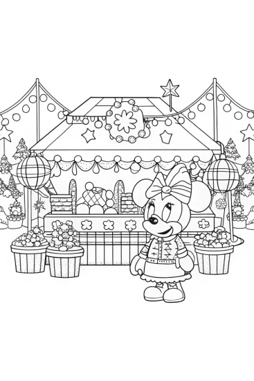 A coloring page of Minnie Mouse Christmas market adventure