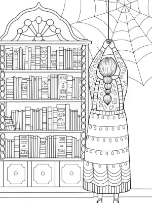Spider librarian organizing books coloring pages