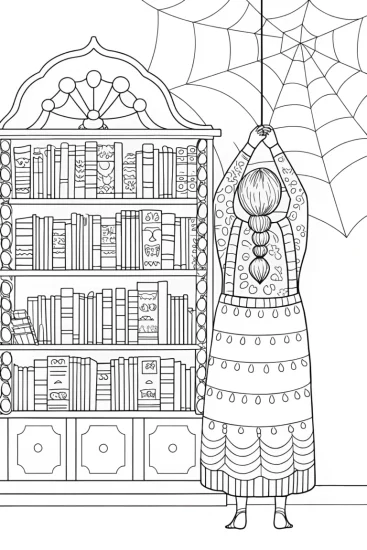 A coloring page of Spider librarian organizing books