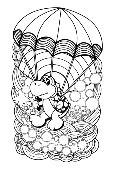 A coloring page of Yoshi floating through bubbles
