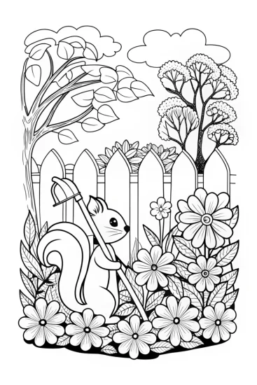 A coloring page of Squirrel tending to a secret garden