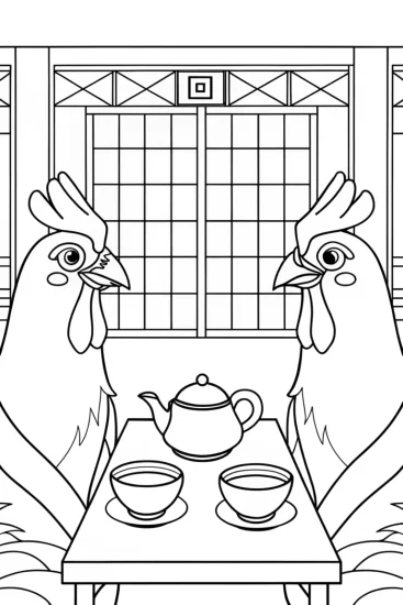 A coloring page of Chickens at a tea ceremony