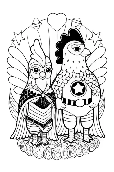 A coloring page of Chickens dressed as superheroes