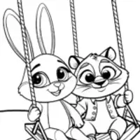 Bunny and raccoon on a rainbow swing