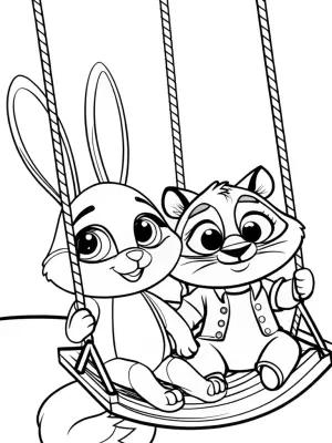 Bunny and raccoon on a rainbow swing coloring pages