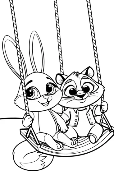 A coloring page of Bunny and raccoon on a rainbow swing
