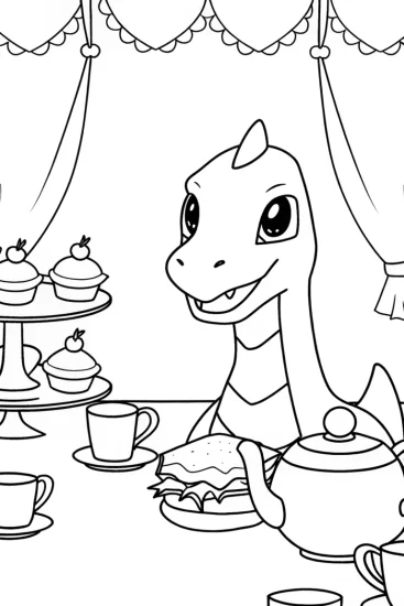 A coloring page of Charizard’s tea party