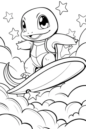 A coloring page of Charmander surfing in the sky