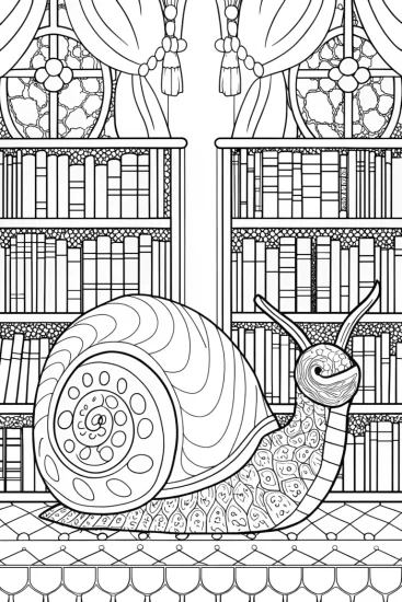 A coloring page of Shelly the snail in a library