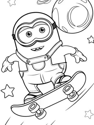 Minion skateboarding in space coloring pages