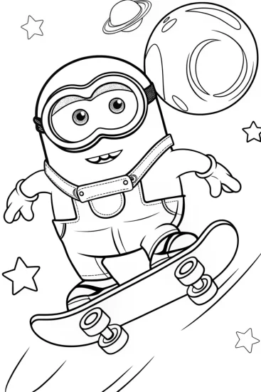 A coloring page of Minion skateboarding in space