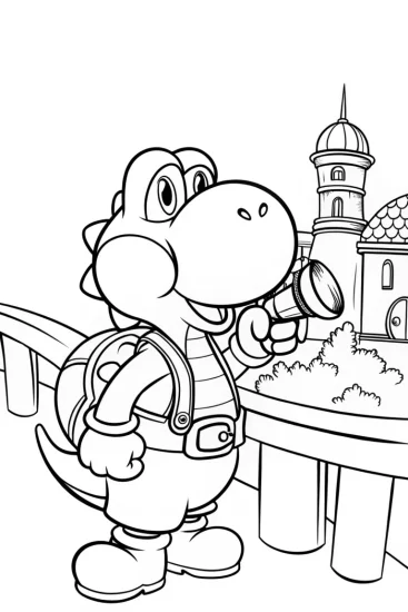 A coloring page of Yoshi playing music in time travel