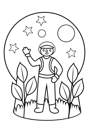 A coloring page of Blippi in a space garden