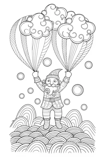 A coloring page of Gnome juggling clouds