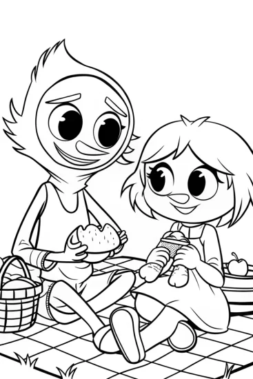 A coloring page of Huggy Wuggy’s picnic fun