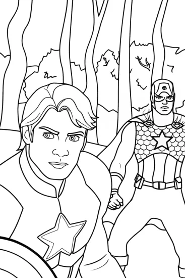 A coloring page of Avengers in the enchanted forest