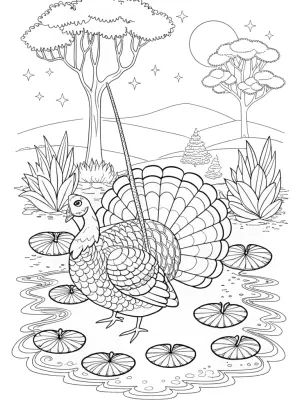 Turkey fishing in a magical pond coloring pages