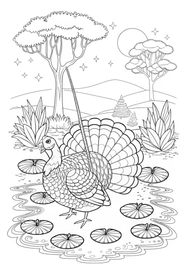 A coloring page of Turkey fishing in a magical pond