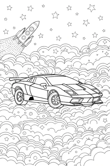 A coloring page of Lamborghini racing in space