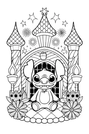 A coloring page of Stitch at the enchanted festival