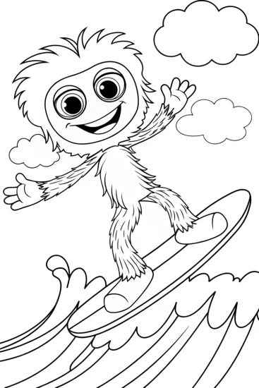 A coloring page of Huggy Wuggy surfing on a cloud