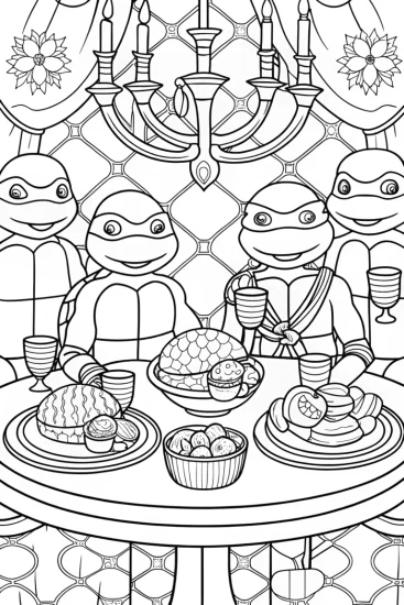 A coloring page of Ninja Turtles tea party