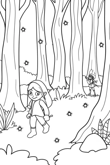 A coloring page of Zara’s enchanted forest quest