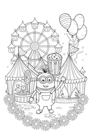 A coloring page of Minion juggling food at carnival
