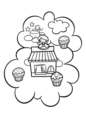 A coloring page of Gabby’s cloud bakery adventure