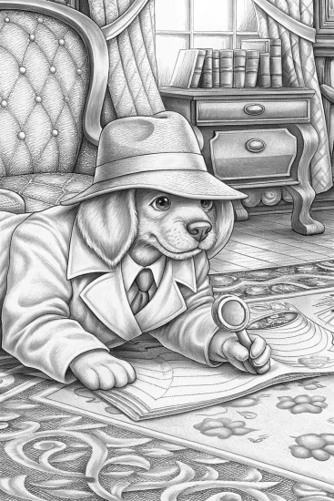A coloring page of Puppy detective solving a mystery