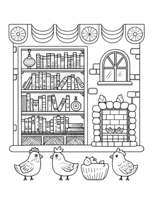 Chickens in a cozy bookstore coloring pages